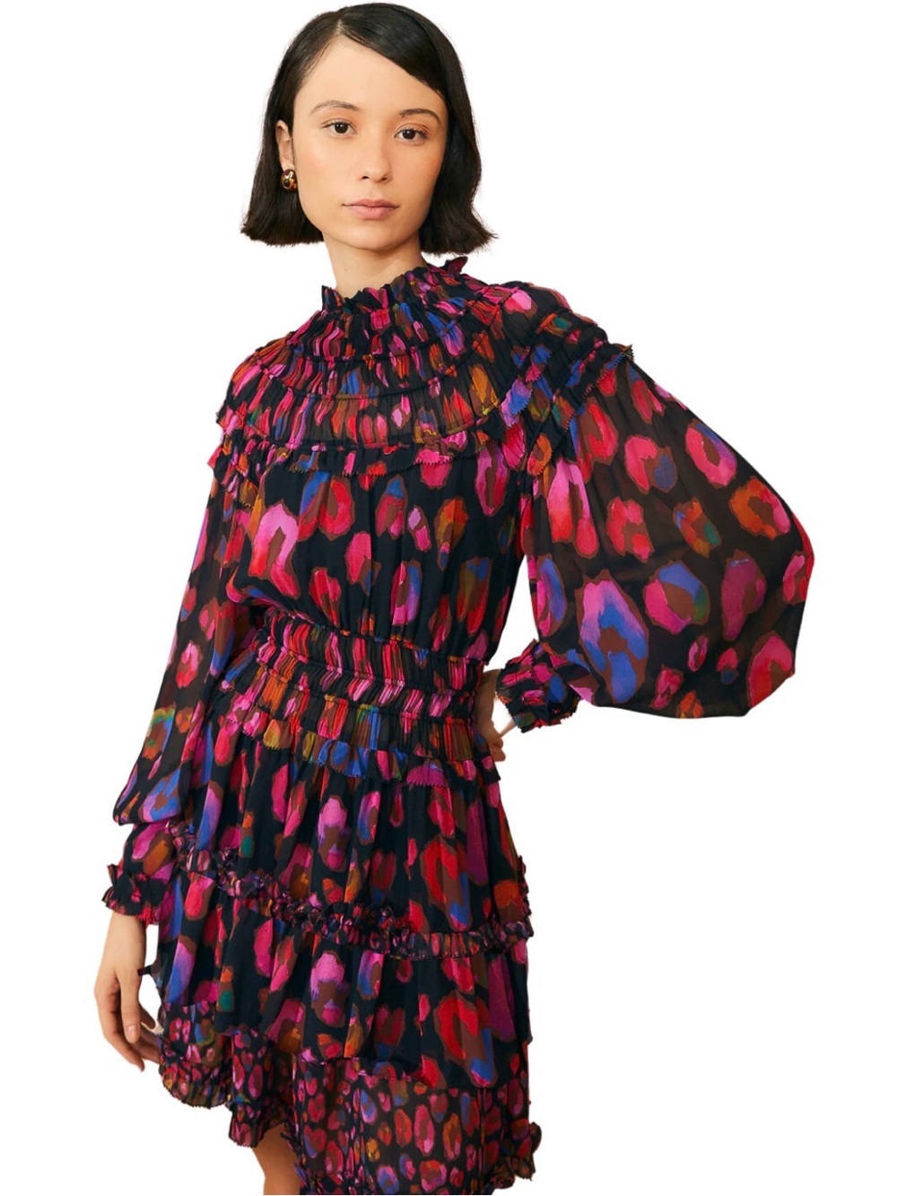 FARM RIO Iridescent Leopard Print Ruffle Long Sleeve Dress Size Medium
